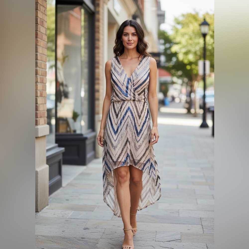 Parker High Low Beaded Dress with Blue and Gold Chevron